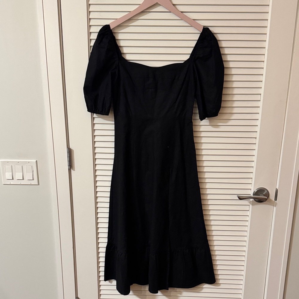 Elegant Thick Linen Black Puff Sleeve Dress